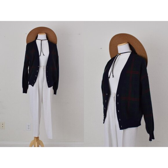 IMPERFECT Vintage‎ 90s Blue and Green Plaid Grandpa Sweater - Picture 1 of 10